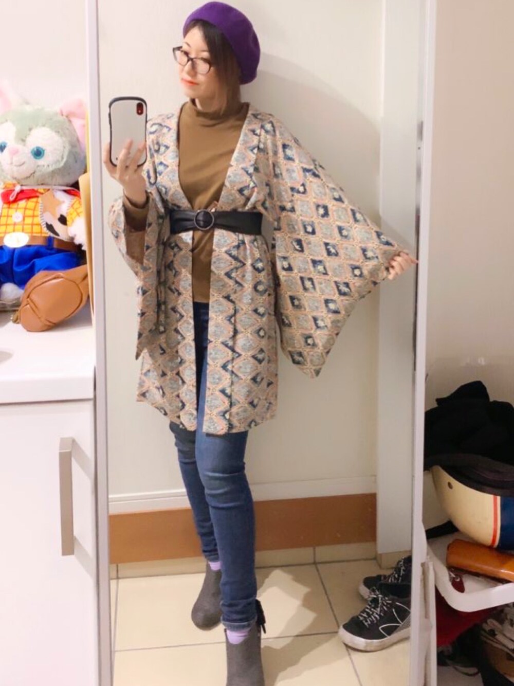 「カジュアル着物」｜「niko and...のアイテム（ハンチング/ベレー帽、パープル系）」を使った、みきさん（レディース・161cm）の春コーディネートの1枚目の写真