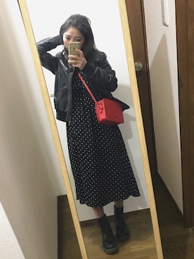 「ドットワンピ」｜「アイテム（ライダースジャケット）」を使った、Mさん（レディース・158cm）の冬コーディネート