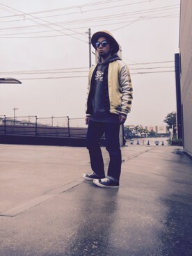 「アイテム（スタジャン、ゴールド系）」を使った、Hiroki Matsudaさん（メンズ・165cm）の冬コーディネート