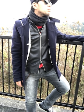 「ボーダートップス」｜「アイテム（ピーコート）」を使った、Hiroki Matsudaさん（メンズ・165cm）の冬コーディネート