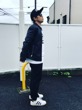 「キヤップ」｜「アイテム（ライダースジャケット）」を使った、Hiroki Matsudaさん（メンズ・165cm）の秋コーディネート