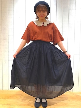 「襟付きトップス」｜「アイテム（ハンチング/ベレー帽）」を使った、あぶさん（レディース・152cm）の夏コーディネート