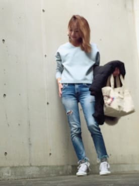 「Ungrid（アングリッド）のフレイドヘムストスリ（デニムパンツ）」を使った、madoyanyanさん（レディース・159cm）の冬コーディネート