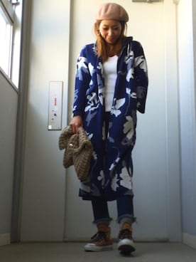 「Ungrid（アングリッド）のインディゴフレイドヘムストスリ（デニムパンツ）」を使った、madoyanyanさん（レディース・159cm）の冬コーディネート