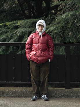 「アイテム（ダウンジャケット/コート、レッド系）」を使った、yukifurueさん（メンズ・162cm）の冬コーディネート