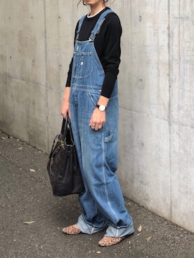 「クルーネックTシャツ」｜「アイテム（オールインワン・サロペット）」を使った、B.さん（レディース・167cm）の秋コーディネート