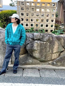 「モヘアカーディガン」｜「アイテム（キャップ）」を使った、keitauchiyama（相互）さん（メンズ・175cm）の冬コーディネート