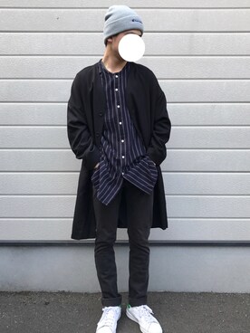 「ノーカラーシャツ」｜「アイテム（チェスターコート）」を使った、せなさん（メンズ・170cm）の春コーディネート