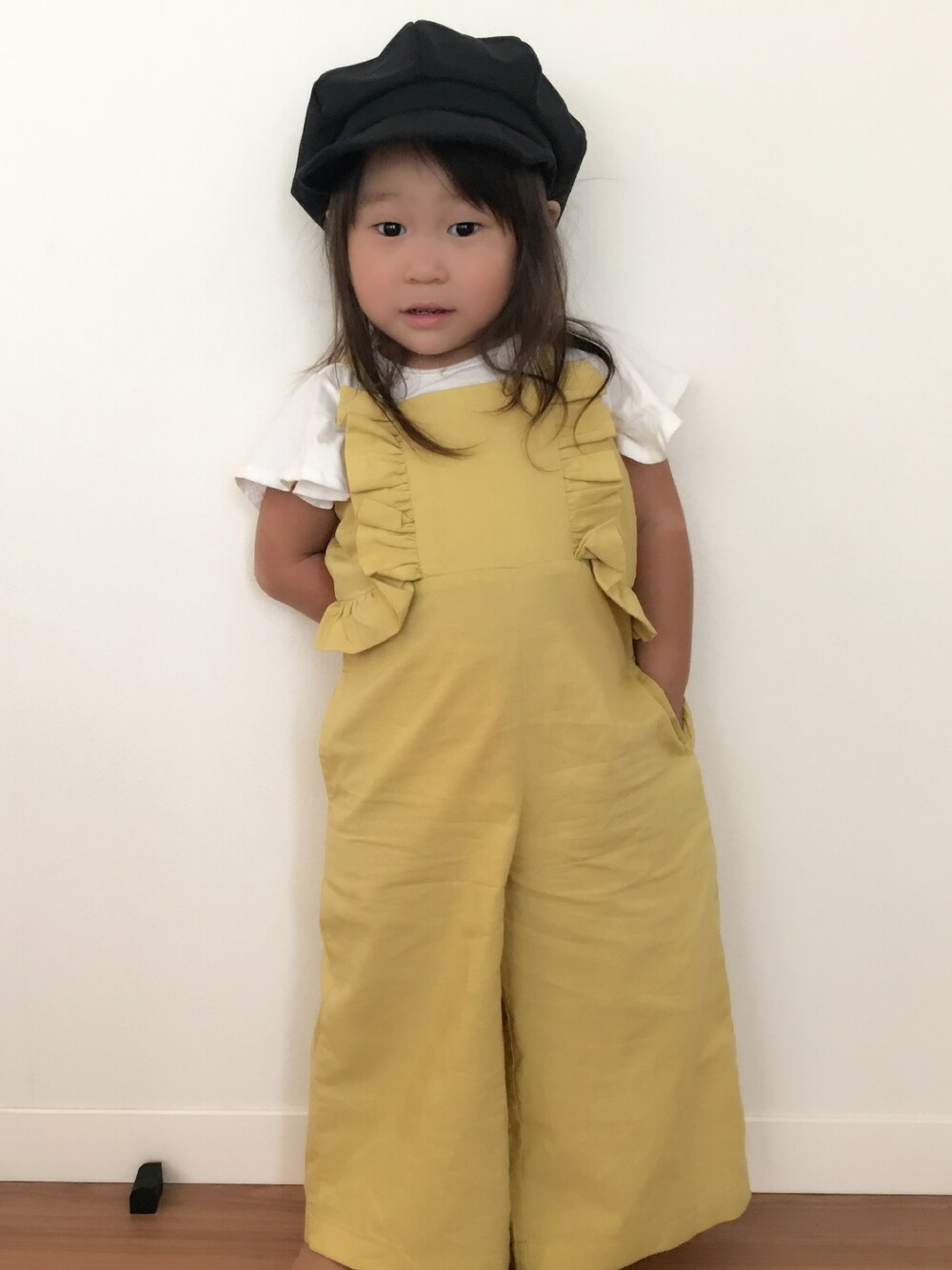 「キッズコーデ、夏コーデ、2歳、女の子コーデ、プティマイン、ブランシェス」｜「petit mainのフリル付きオールインワン（つなぎ/オールインワン、イエロー系）」を使った、sararan ♡*. ﾟさん（キッズ・80cm）の夏コーディネートの1枚目の写真