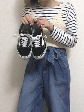 「PAGEBOY（ページボーイ）のトモリボン付きデニムワイドパンツ（デニムパンツ）」を使った、おかゆ❤︎彡さん（レディース・156cm）の春コーディネート