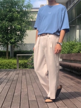 「EDWIN（エドウィン）のアイテム（サンダル）」を使った、cafeにしさん（メンズ・175cm）の夏コーディネート