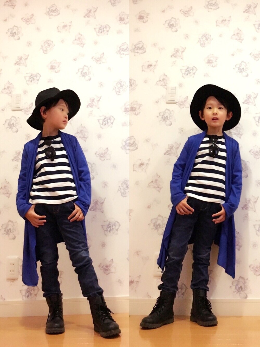 ブルー系のTシャツ/カットソー、ブルー系のデニムパンツ、ブラック系のブーツを着用したキッズの冬コーディネートの1枚目の写真