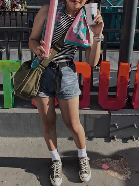 「アイテム（メッセンジャーバッグ、グリーン系）」を使った、chiさん（レディース・168cm）の夏コーディネート