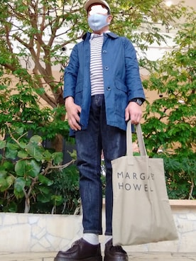 「MHL.（エムエイチエル）のアイテム（ステンカラーコート）」を使った、カツイッちゃんさん（メンズ・173cm）の春コーディネート