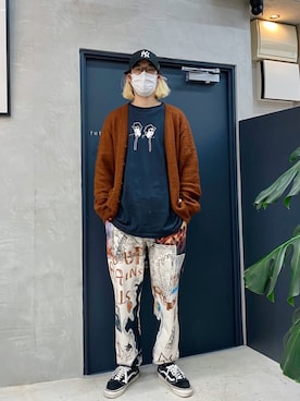 「モヘアカーディガン」｜「アイテム（スウェットパンツ）」を使った、森下　さん（メンズ・181cm）の春コーディネート