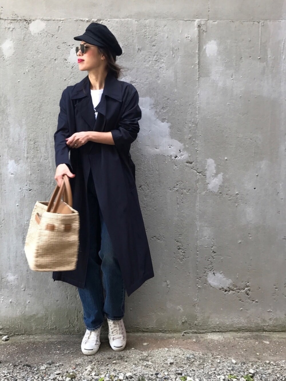 「シンプルコーデ、大人カジュアル、ブラック、デニム、spring、マリンキャップ」｜「green label relaxingのCB リネンマリンキャスケットキャップ（キャスケット、ブラック系）」を使った、NANAさん（レディース・161cm）の春コーディネートの1枚目の写真