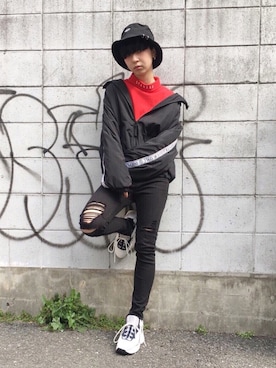 ナイロンジャケットを使った「バケットハット」の人気ファッション