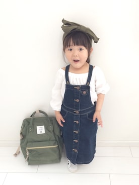 「オフショルブラウス」｜「アイテム（オールインワン・サロペット）」を使った、hina☆himaさん（キッズ・90cm）の春コーディネート