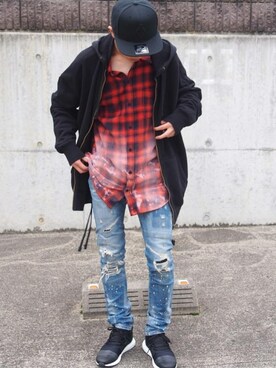 「MARCELO BURLON（マルセロ・バーロン）のアイテム（キャップ）」を使った、YOSHIMIさん（メンズ・165cm）の春コーディネート