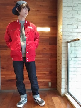「コラボレーション」｜「アイテム（スタジャン）」を使った、百井 涼太さん（メンズ・171cm）の冬コーディネート