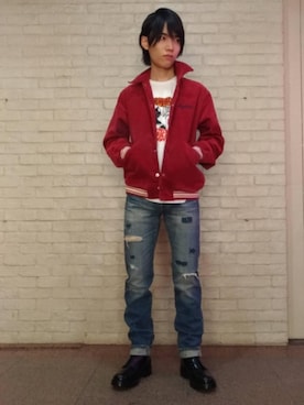 「コーディネート」｜「アイテム（スタジャン）」を使った、百井 涼太さん（メンズ・171cm）の春コーディネート