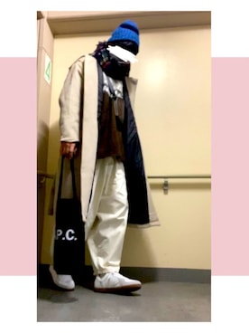 「アイテム（ダッフルコート、ホワイト系）」を使った、フェイさん（メンズ・178cm）の冬コーディネート