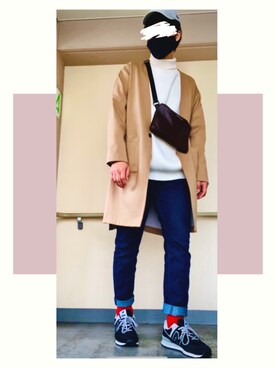 「RAGEBLUE（レイジブルー）のアイテム（ノーカラーコート）」を使った、フェイさん（メンズ・178cm）の冬コーディネート