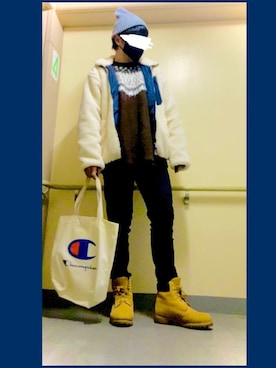 「Champion（チャンピオン）のアイテム（トートバッグ）」を使った、フェイさん（メンズ・178cm）の冬コーディネート