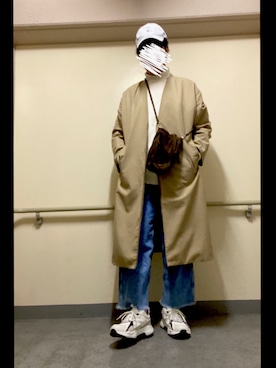 「LOWRYS FARM（ローリーズファーム）のアイテム（ノーカラーコート）」を使った、フェイさん（メンズ・178cm）の冬コーディネート