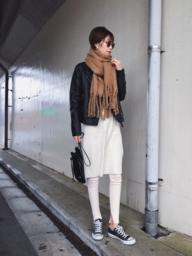 「UNIQLO（ユニクロ）のアイテム（ライダースジャケット）」を使った、asammyさん（レディース・170cm）の冬コーディネート