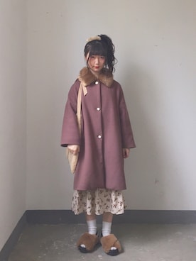 「花柄」｜「アイテム（ダッフルコート）」を使った、周嗨森さん（レディース・159cm）の春コーディネート