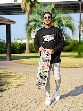 「スケボー」｜「アイテム（スウェット）」を使った、adamsJUGGLERさん（メンズ・173cm）の冬コーディネート