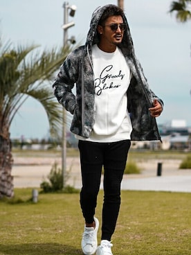 「adamsJUGGLER（アダムスジャグラー）のプログレスバイカースウェットパンツ（スウェットパンツ）」を使った、adamsJUGGLERさん（メンズ・173cm）の秋コーディネート