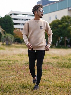 「adamsJUGGLER（アダムスジャグラー）のプログレスバイカースウェットパンツ（スウェットパンツ）」を使った、adamsJUGGLERさん（メンズ・173cm）の秋コーディネート