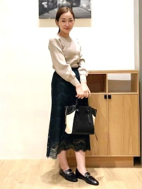 「ダークグリーン」｜「アイテム（ニット/セーター）」を使った、B:MING by BEAMS WOMENさん（レディース・158cm）の秋コーディネート