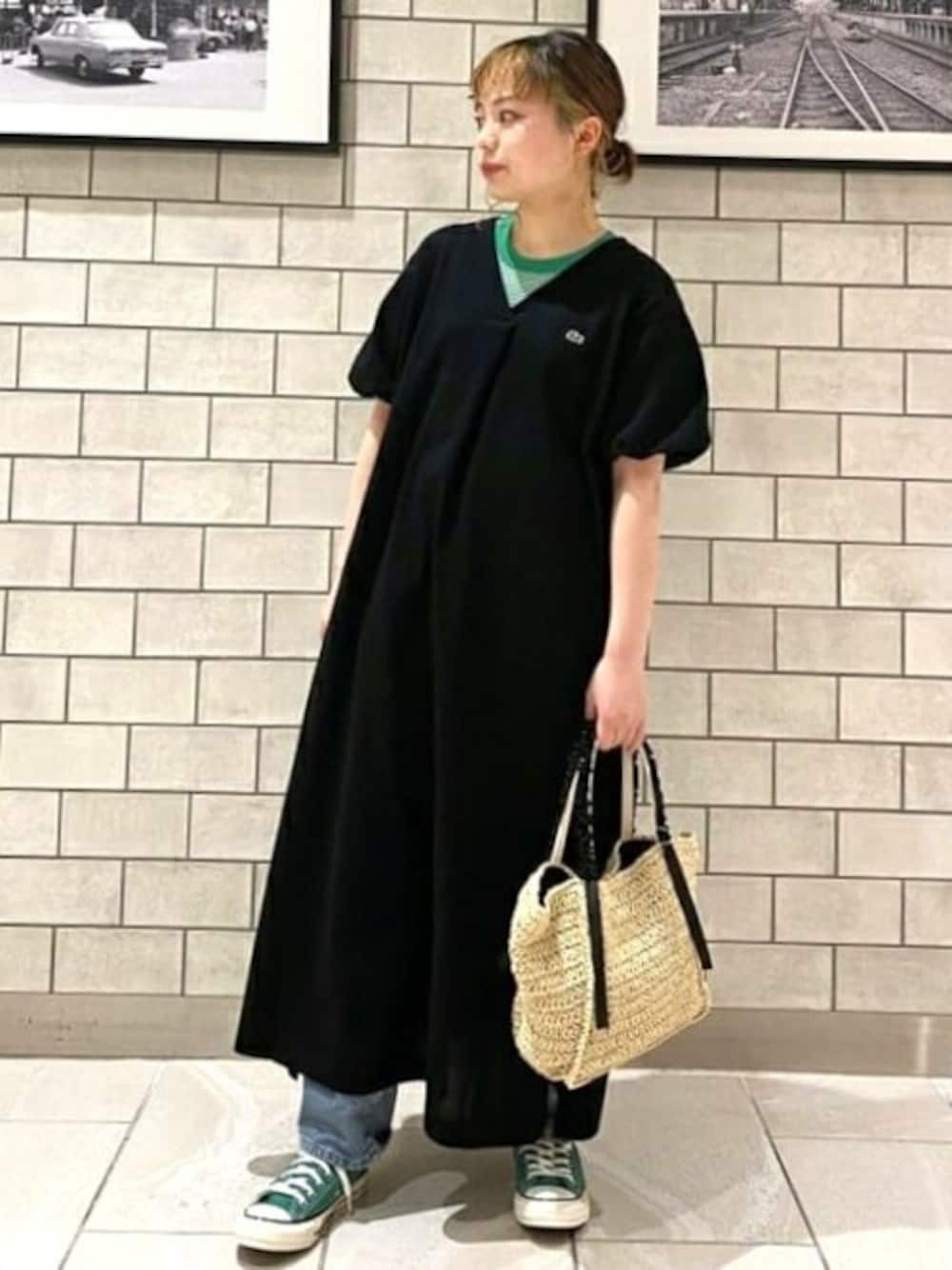 美品　LACOSTE × BEAMS／別注 ギャザースリーブワンピース　黒 B:MING by BEAMS（ビーミングバイビームス）の「LACOSTE × B:MING by