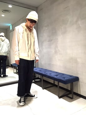 「アイテム（ナイロンジャケット、ホワイト系）」を使った、SHOさん（メンズ・177cm）の冬コーディネート