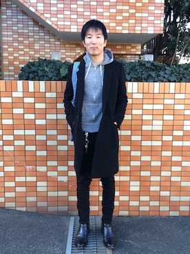 「JOHN LAWRENCE SULLIVAN（ジョンローレンスサリバン）のアイテム（チェスターコート）」を使った、Daisuke Aさん（メンズ・168cm）の冬コーディネート