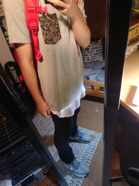 「古着のアイテム（Tシャツ/カットソー、グレー系）」を使った、りよんさん（メンズ・163cm）の夏コーディネート