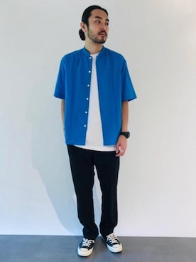 「green label relaxing（グリーンレーベルリラクシング）のSC ☆ ストレッチ イージーパンツ / トラックパンツ ＜ 機能性生地 ＞ （その他パンツ、ブラック系）」を使った、kobayashi2896さん（メンズ・178cm）の夏コーディネート