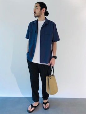 「green label relaxing（グリーンレーベルリラクシング）のNM GLR スエードタッチ 2WAY 巾着 バッグ（ショルダーバッグ、ベージュ系）」を使った、kobayashi2896さん（メンズ・178cm）の夏コーディネート