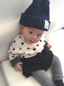 「アイテム（ロンパース、グリーン系）」を使った、Haruさん（キッズ・70cm）の冬コーディネート