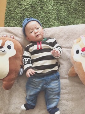 「アイテム（ロンパース、グリーン系）」を使った、Haruさん（キッズ・70cm）の冬コーディネート