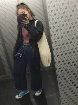 「jouetie（ジュエティ）のピーチドルマンライダース（ライダースジャケット、ブラック系）」を使った、sayakaさん（レディース・155cm）の秋コーディネート