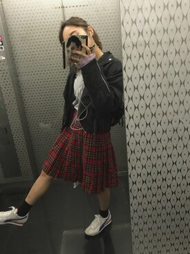 「PUMA」｜「アイテム（ライダースジャケット）」を使った、sayakaさん（レディース・155cm）の秋コーディネート