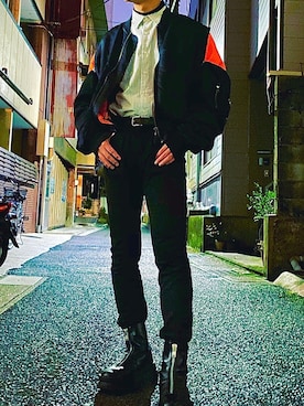 「JOHN LAWRENCE SULLIVAN（ジョンローレンスサリバン）のアイテム（MA-1）」を使った、ssshさん（メンズ・180cm）の春コーディネート