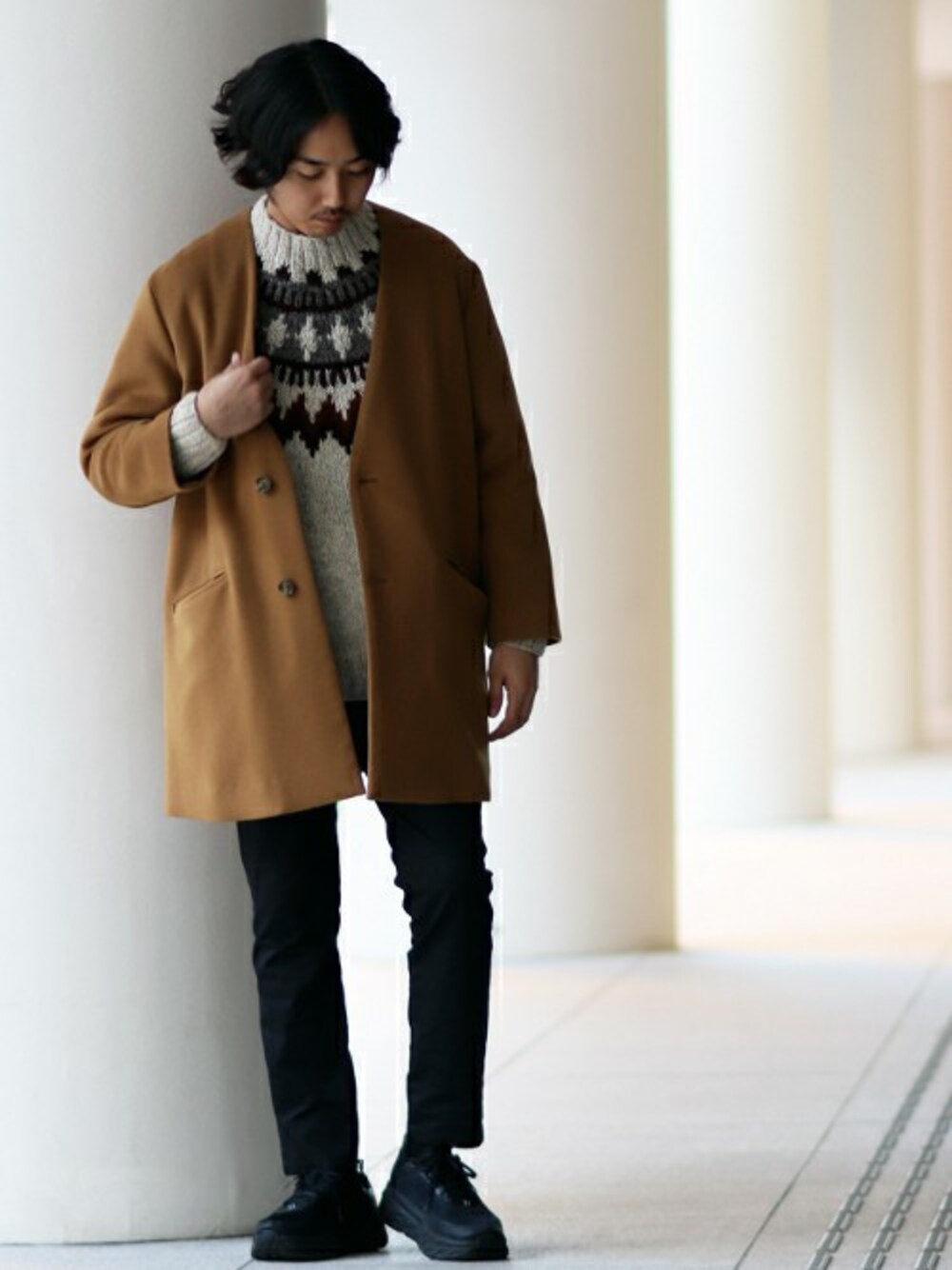 LANA WOOL 140S ビーバー ノーカラーコート チェック柄 スーパー140ビーバーノーカラーコート（ノーカラーコート