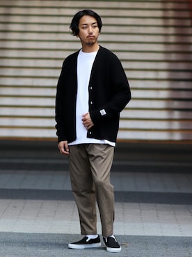 「JOURNAL STANDARD relume（ジャーナルスタンダード　レリューム）のHAMILTON WOOL 100% ガーターカーディガン（カーディガン/ボレロ、ブラック系）」を使った、SASAさん（メンズ・175cm）の冬コーディネート