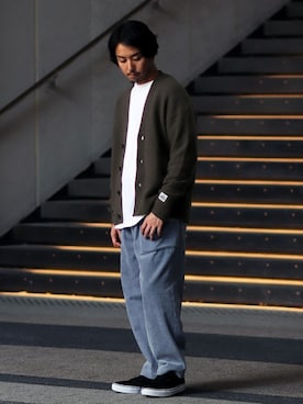 「JOURNAL STANDARD relume（ジャーナルスタンダード　レリューム）のHAMILTON WOOL 100% ガーターカーディガン（カーディガン/ボレロ、グレー系）」を使った、SASAさん（メンズ・175cm）の冬コーディネート