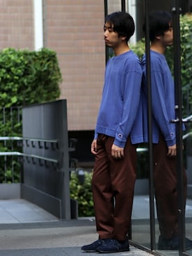 「JOURNAL STANDARD relume（ジャーナルスタンダード　レリューム）のFRUIT OF THE LOOM×relume / 別注 SLIT ロングＴシャツ（Tシャツ/カットソー、ブルー系）」を使った、SASAさん（メンズ・175cm）の冬コーディネート
